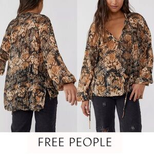 Free People Out For the Night Boho Brown Snake Print Sheer Lace Long Sleeve Top